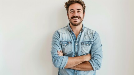 Casually handsome. Confident young handsome man in jeans shirt keeping arms crossed and smiling while standing against white background - obrazy, fototapety, plakaty