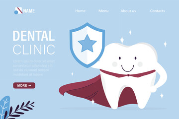 Dental clinic, landing page template. Superhero tooth with protection shield. Strong healthy tooth in red cloak. Happy tooth super hero. Teeth care
