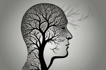 Human head silhouette with tree inside symbolizes nature and brain connectivity. Conceptual imagery for creativity and growth. 