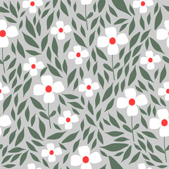 Seamless pattern with flowers and leaves. Hand drawn floral pattern for your fabric, summer background, wallpaper, backdrop, textile. Vector illustration