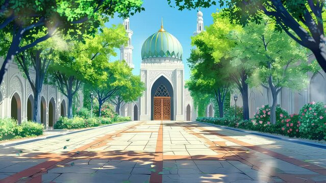 Animation magnificent mosque building seamless 4k video background. generated with ai