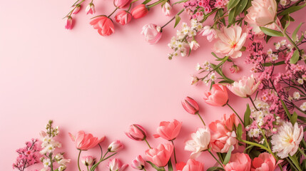 Top view of bright spring flowers on pink background with copy space