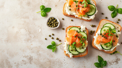 Open faced smoked salmon sandwiches with fresh herbs and cream cheese on rustic background - obrazy, fototapety, plakaty