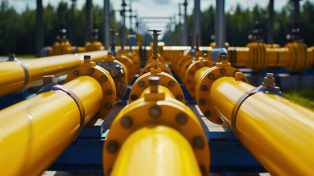 Yellow gas pipelines with valves and fittings in industrial setting.