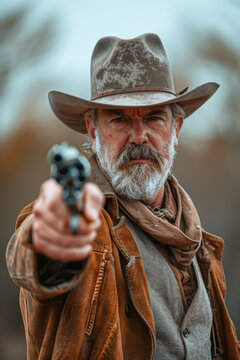 Stern cowboy aiming a revolver.