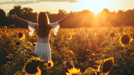 Happy woman freely in a sunflower field under a sunset. - obrazy, fototapety, plakaty