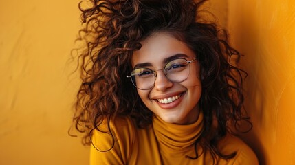 Close-up portrait of a woman with smile on color background.