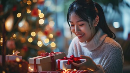 Happy asian woman holding Christmas gifts and happy new year on blurry of chrismas tree.