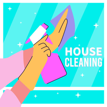 Modern style house cleaning service concept design for web banners, infographics. Woman maid at work. Flat style vector illustration. Retro style