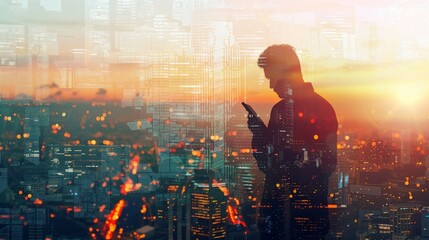 Photo of businessman holding smart phone. Double exposure photo of panoramic city view at sunrise