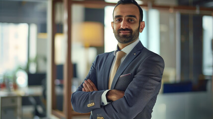 Fototapeta premium Portrait of a successful businessman with confident and friendly facial expression and his arms crossed in front of blurred office background. Generative AI