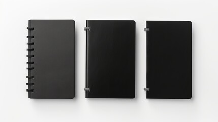 Business Concept - Top View Collection of Black Notebooks on White Background Desk for Mockup.