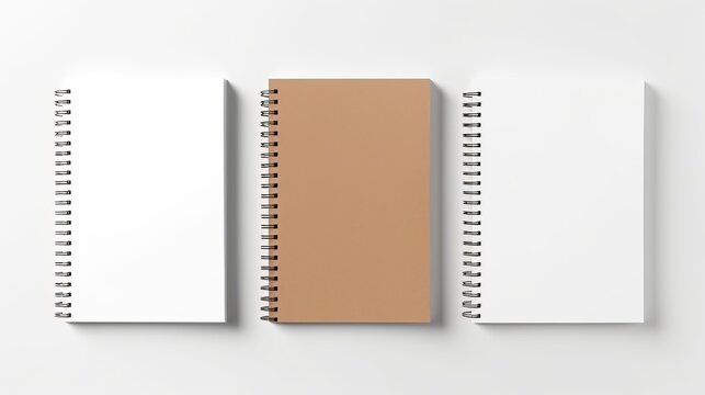 Business Concept - Top View of Three Kraft Blank Notebooks on White Background Desk for Mockup.
