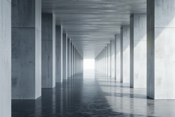A long hallway with concrete columns and flooring, suitable for industrial or architectural projects