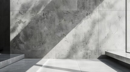 A minimalistic grey urban grunge concrete room, Empty concrete open space interior with sunlight and shadows, minimalistic grey concrete appartment, concrete interior architecture