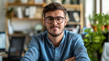 Portrait of young man sitting at his desk in the office