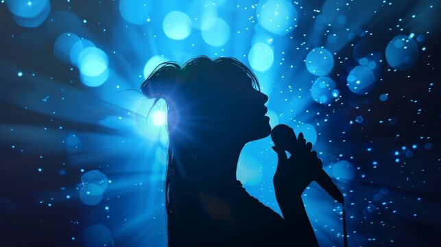 Singer under the glowing blue Bright Lights. Original Vector Illustration.