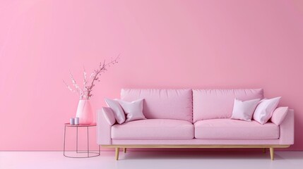 Fototapeta na wymiar A cozy pink living room with a stylish couch and a decorative vase. Perfect for interior design concepts