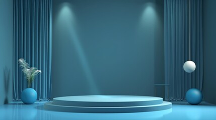 Stage and presentation of product on blue showroom studio background