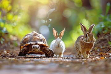 A tortoise and a rabbit standing side by side. Suitable for various concepts - obrazy, fototapety, plakaty