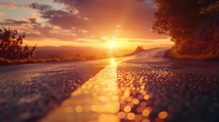 Sun setting over a wet road, ideal for travel or weather concepts