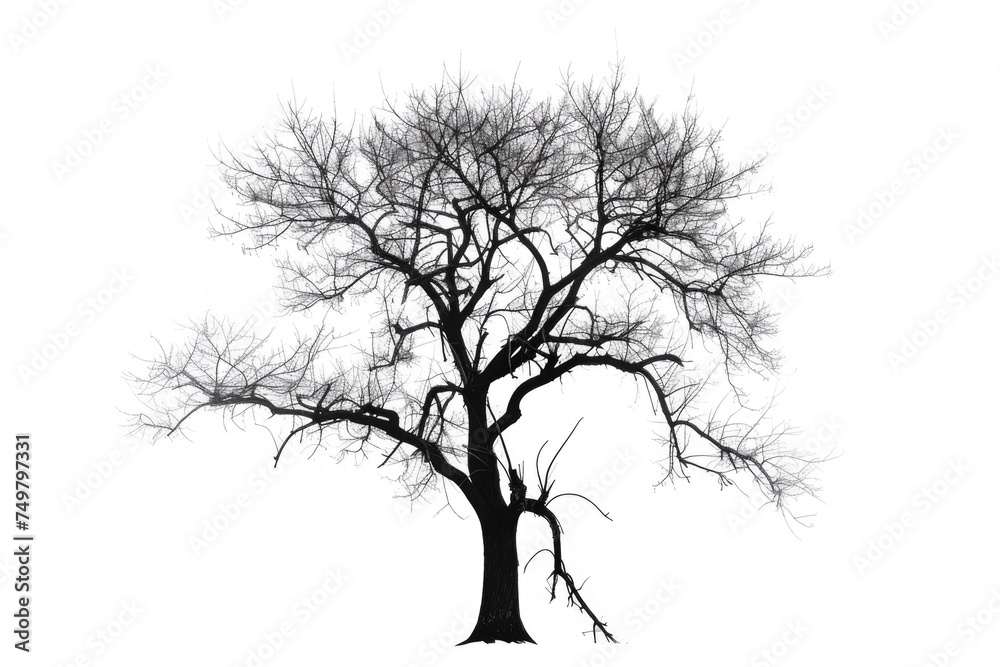 Poster a minimalist black and white photo of a solitary bare tree. suitable for nature or abstract concepts