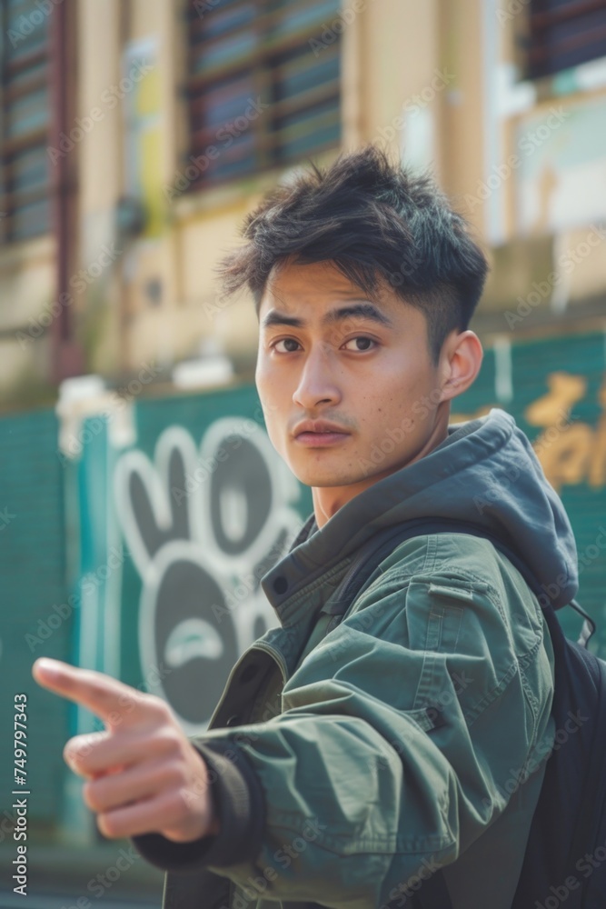 Poster a man wearing a green jacket pointing at something. suitable for various concepts and ideas