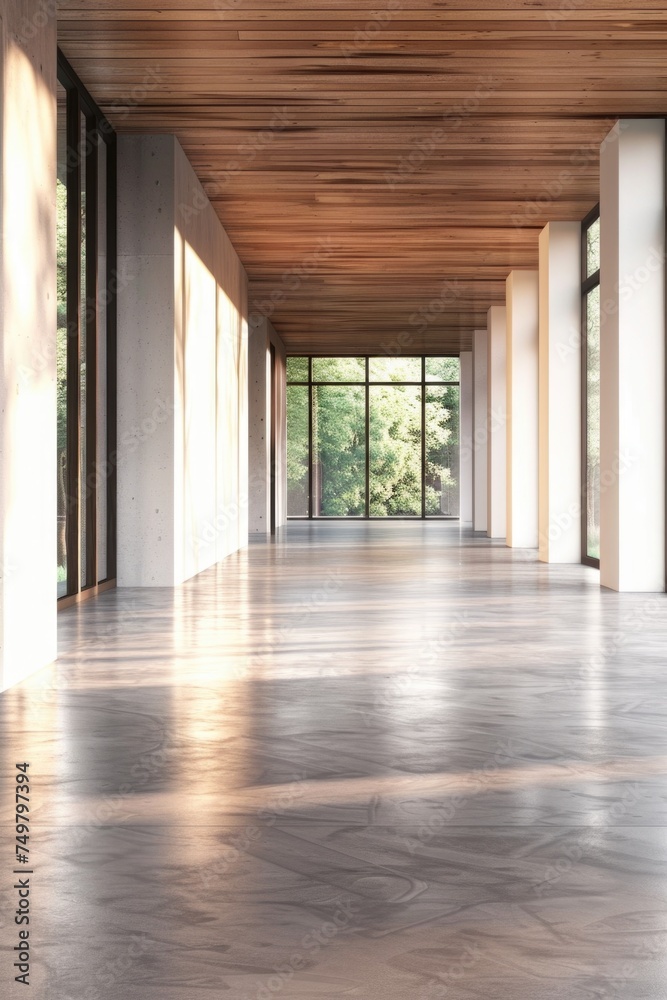 Poster an empty room with large windows, perfect for showcasing interior design
