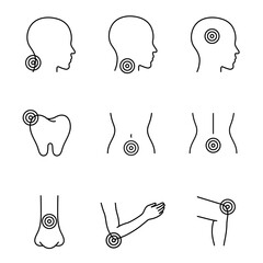 Body Ache. Disease, sickness, linear style icons set. Migraine, toothache, back pain, sore throat, neck pain, nose, menstrual, joint, arthritis, rheumatism. Vector illustration in linear style