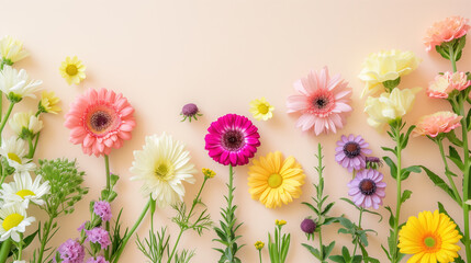 A vibrant arrangement of spring flowers on a soft pastel backdrop.