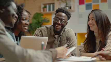 Smiling diverse colleagues gather in boardroom brainstorm discuss financial statistics together, happy multiracial coworkers have fun cooperating working together at office meeting, teamwork concept