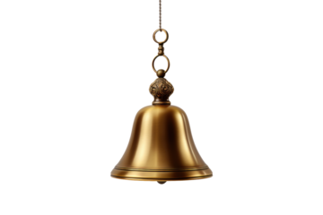 Brass Bell Hanging From Chain giving it the ability to swing and chime when touched. The bell reflects light. The chain dangles from above, allowing the bell to move freely.