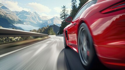 A vibrant red sports car driving down a scenic mountain road. Ideal for automotive and travel concepts