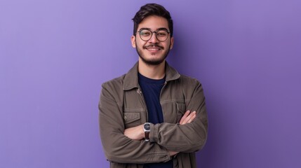 Young buisnessman wearing eyeglasses, jacket and shirt, holding arms crossed, looking at camera with happy confident smile,