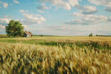 A scenic view of a wheat field with a barn in the background. Perfect for agricultural concepts