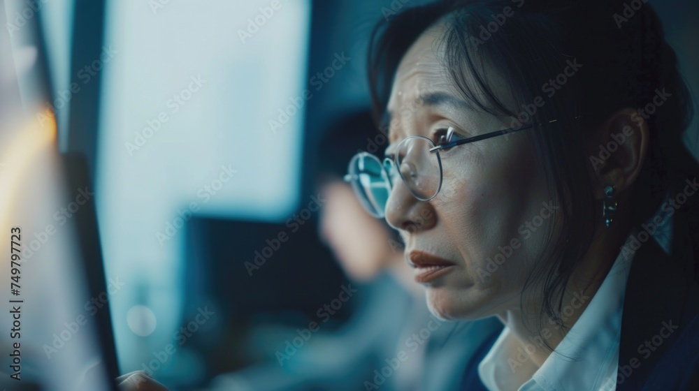 Poster woman in glasses looking at a computer screen. suitable for technology concepts