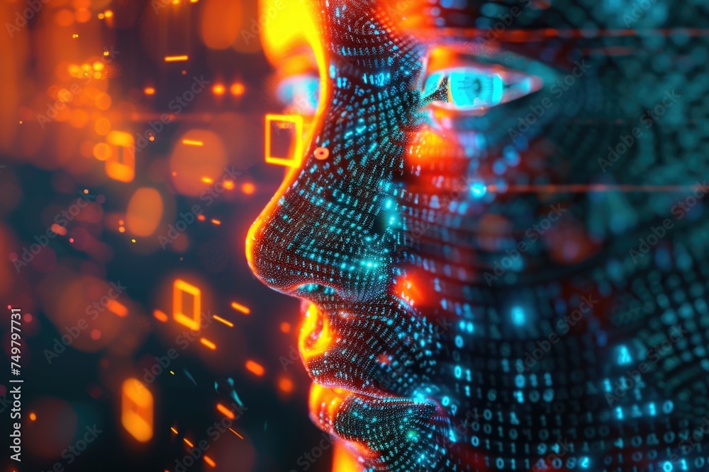 Poster digital image of a man's face, suitable for technology and communication concepts