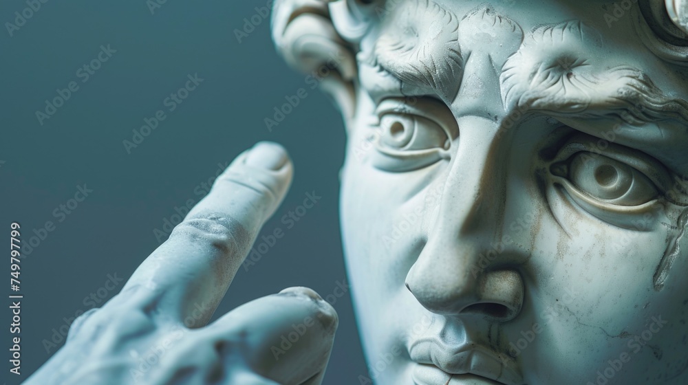 Aufkleber close up of a statue with a finger raised, suitable for various concepts