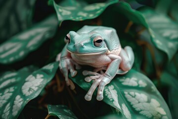 Fototapeta premium A frog sitting on top of a green leaf. Perfect for nature-themed designs