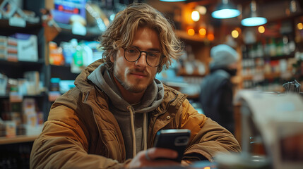 Fototapeta na wymiar Attractive young man with blue eyes and a winter scarf uses smartphone for an online payment at a store checkout counter.