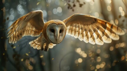 A majestic barn owl soaring with spread wings. Ideal for nature and wildlife concepts
