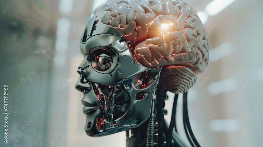 Aufkleber close up of a robot's head with a glowing brain, suitable for technology concepts