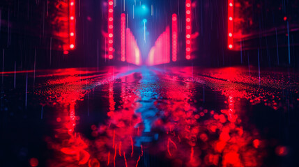 Dark street, reflection of neon light on wet asphalt. Rays of light and red laser light in the dark. Night view of the street, the city. Abstract dark blue background.