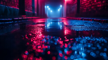 Dark street, reflection of neon light on wet asphalt. Rays of light and red laser light in the dark. Night view of the street, the city. Abstract dark blue background. - obrazy, fototapety, plakaty