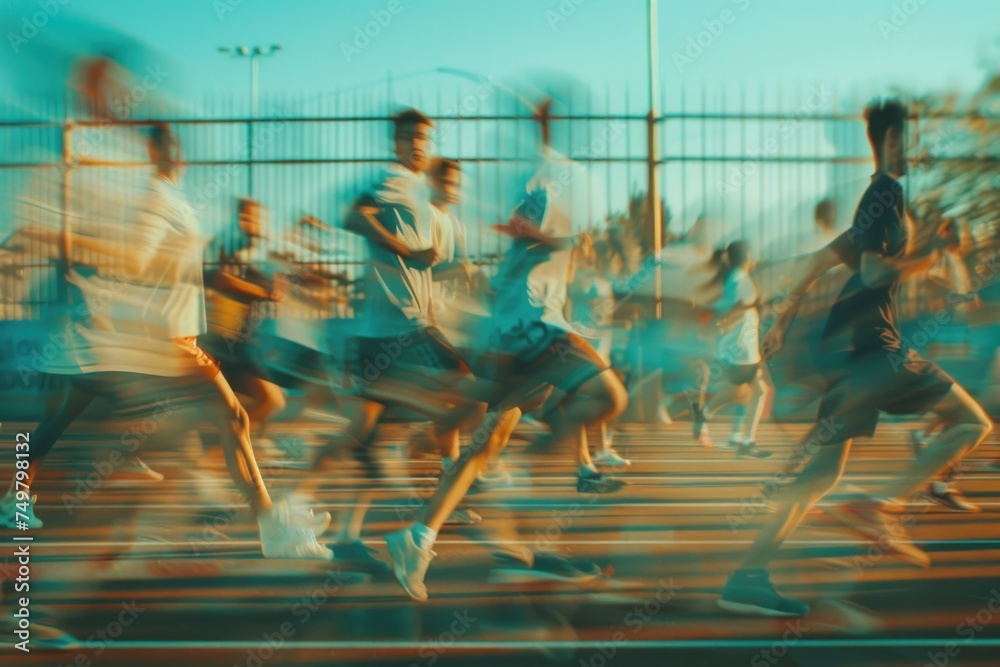 Poster blurry image of people running, suitable for illustrating motion and activity