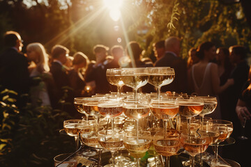 Beautifully lit champagne tower at the center of an outdoor wedding setup during golden hour, surrounded by guests in formal attire