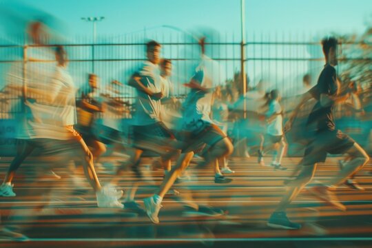 Blurry image of people running, suitable for illustrating motion and activity