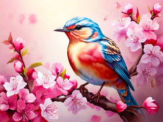 Cute songbird perched on a cherry blossom tree branch beautiful birds with spring illustration