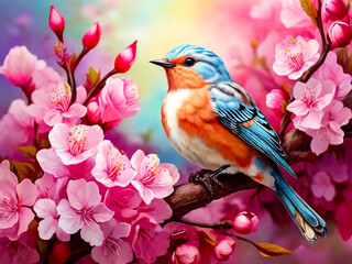 Cute songbird perched on a cherry blossom tree branch beautiful birds with spring illustration