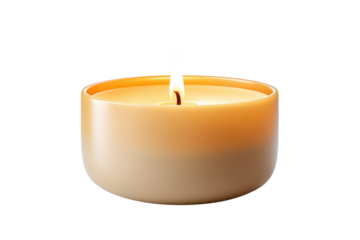 White Candle Lit on White Background. A white candle is burning brightly on a plain white background. The flame flickers and illuminates the surrounding area with a warm glow.